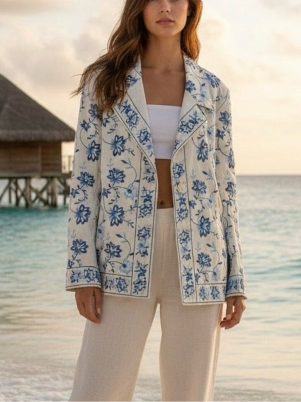 J. Jill 100% Linen Floral Embroidered Jacket Cream Blue Size M P Boho Blazer